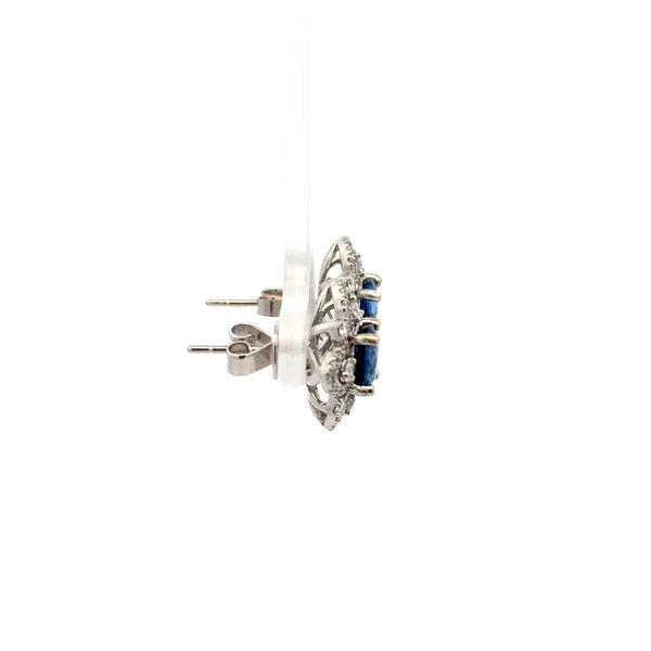 Closeup photo of 14K WG 2.47tcw Round Sapphire & .75tcw RBC Diamond Flower Style Stud Earrings 4.3g