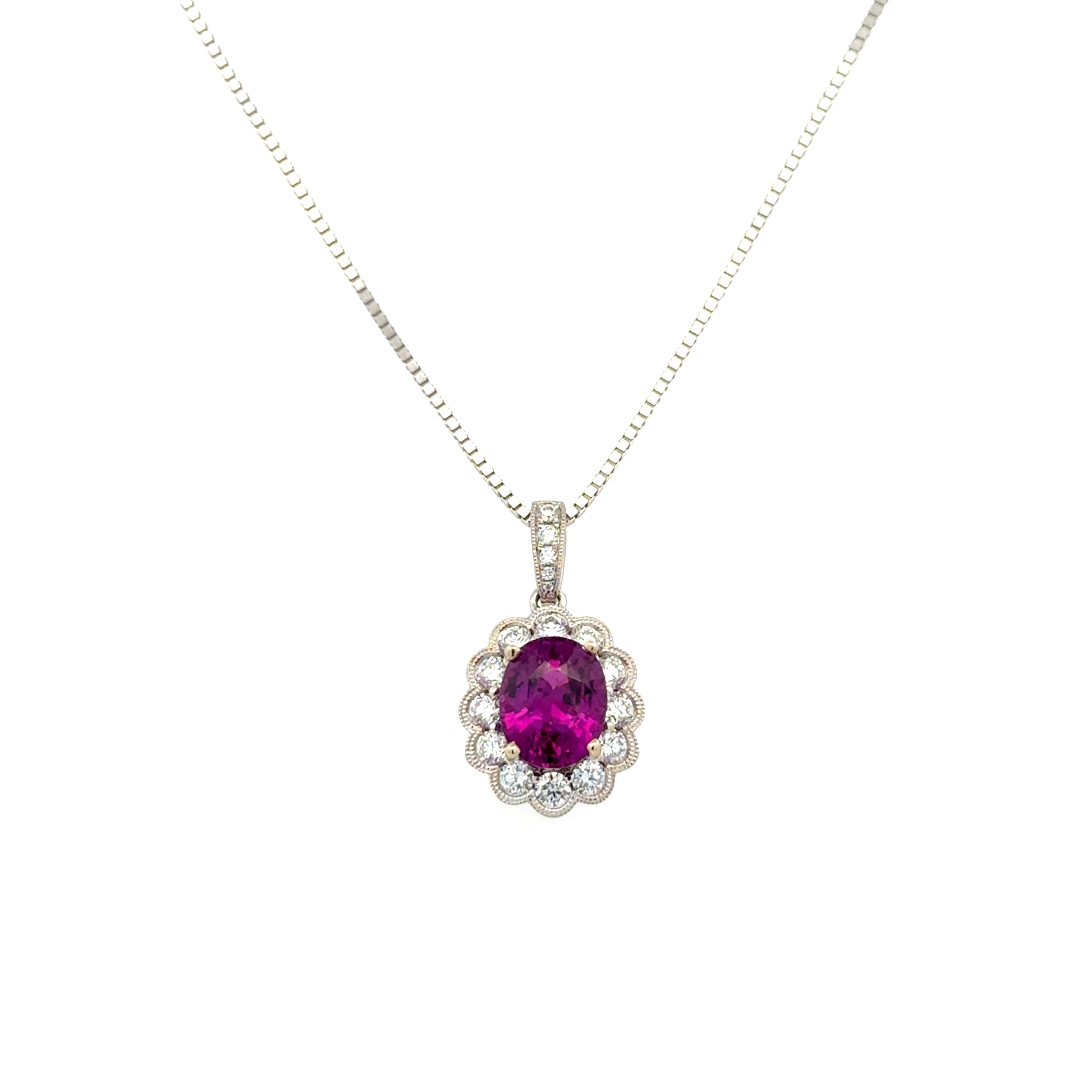 18K WG 1.90ct Oval Purple Garnet & .63tcw RBC Diamond Scalloped Pendant on 14K Chain 5.1g, 16" 18K WG 1.90ct Oval Purple Garnet & .63tcw RBC Diamond Scalloped Pendant on 14K Chain 5.1g, 16"