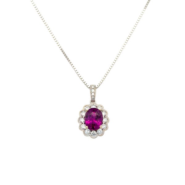 Closeup photo of 18K WG 1.90ct Oval Purple Garnet & .63tcw RBC Diamond Scalloped Pendant on 14K Chain 5.1g, 16"