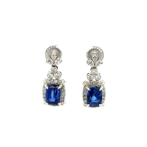 Closeup photo of Platinum 6.46tcw Rectangular Cushion Sapphire & 1.17tcw RBC Diamond Drop Earrings 10.1g, 1"