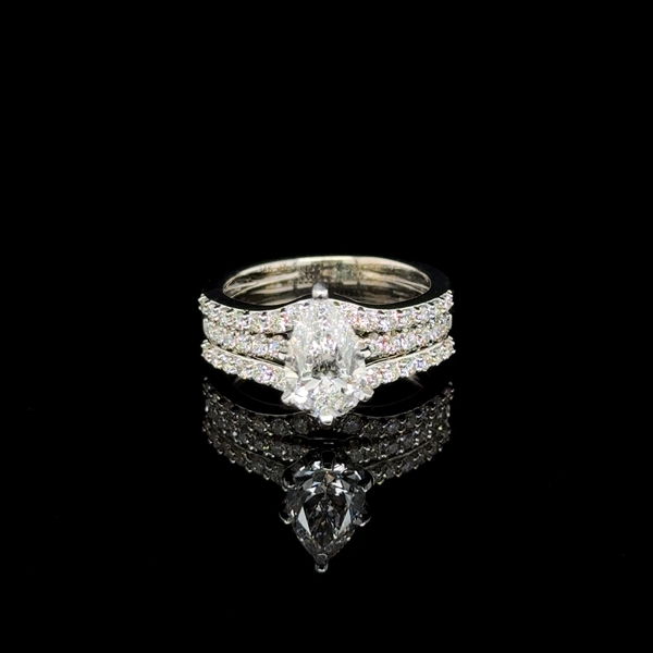 Closeup photo of 14K WG 1.31ct Pear Lab Diamond IGI & .50tcw 3 Row Natural Diamond Ring 6.0g, s5.5