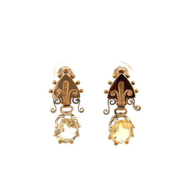 Closeup photo of 14K YG Victorian 2tcw Oval Citrine Drop Earrings 3.4g, 1"