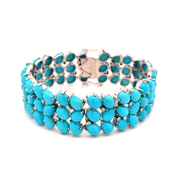 Closeup photo of 18K WG 78.77tcw Turquoise & .25tcw RBC Diamond Pebbled Bracelet 58.1g, 7.5x.8"