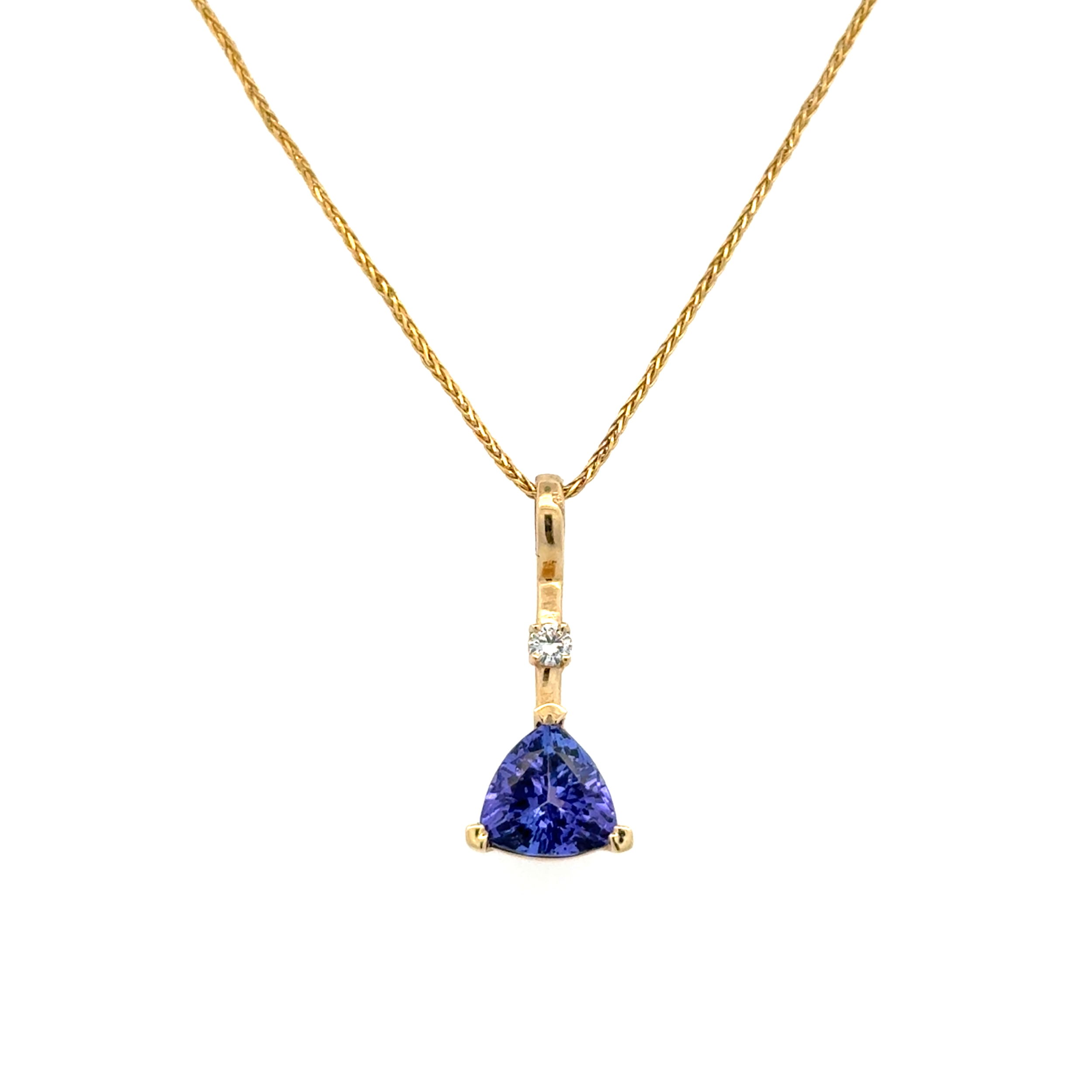 14K YG 2ct Trillion Tanzanite & .07ct RBC Diamond Drop Necklace 4.7g, 18"