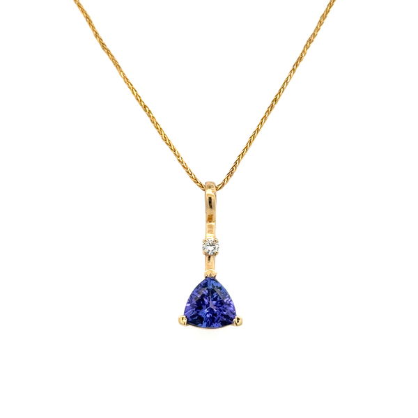 Closeup photo of 14K YG 2ct Trillion Tanzanite & .07ct RBC Diamond Drop Necklace 4.7g, 18"