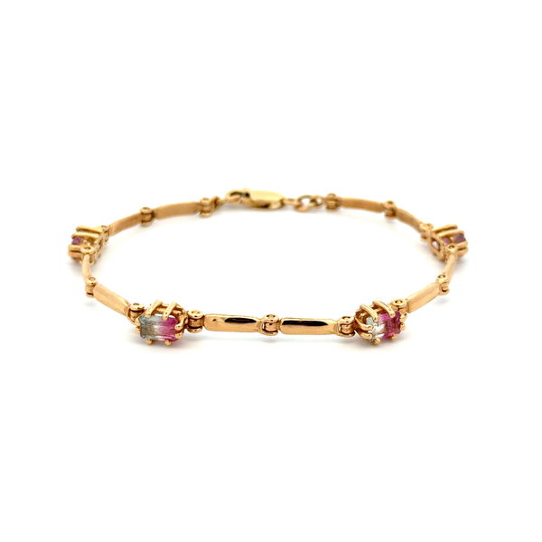 Closeup photo of 14K YG 1.50tcw Watermelon Tourmaline Link Bracelet 8.3g, s6.75"