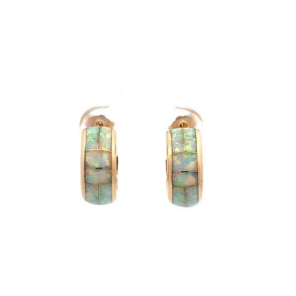 Closeup photo of 14K YG Opal Inlay Hoop Earrings on Post 3.7g,