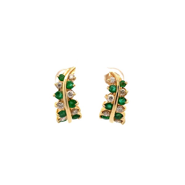 Closeup photo of 18K YG .75tcw Emerald & .80tcw Diamond Alternating Earrings on Post 9.5g, 14K Backs