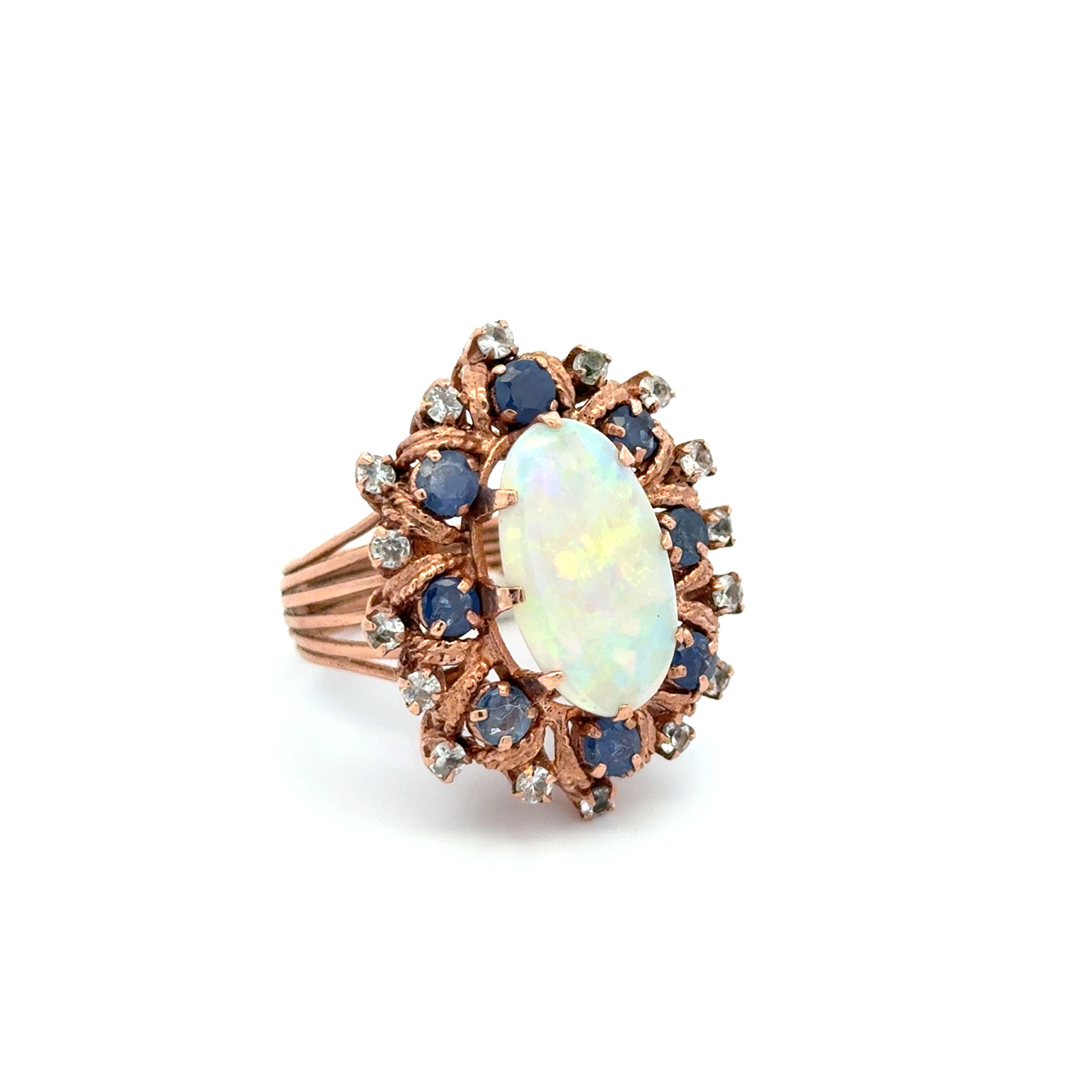 10K YG Vintage 3.5ct White Opal, 1.50tcw Sapphire & Clear Stone Ring 9.9, s6.75 10K YG Vintage 3.5ct White Opal, 1.50tcw Sapphire & Clear Stone Ring 9.9, s6.75
