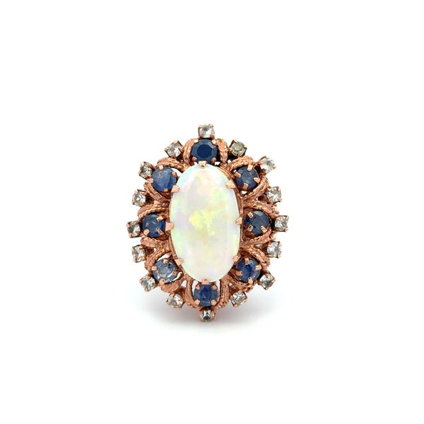 Closeup photo of 10K YG Vintage 3.5ct White Opal, 1.50tcw Sapphire & Clear Stone Ring 9.9, s6.75