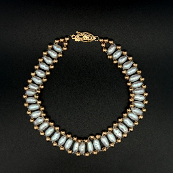 Closeup photo of 14K YG Keshi Pearl & Gold Bead Bracelet 5.8g, 7.25"