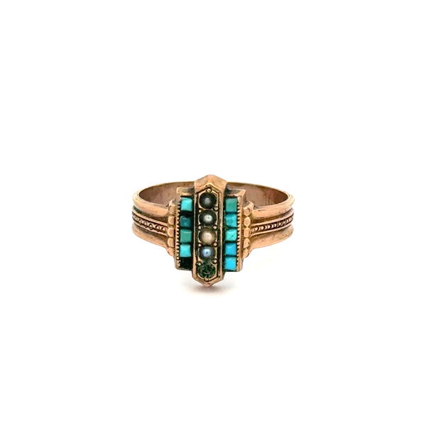 Closeup photo of 9k YG Victorian Seed Pearl & Turquoise Ring 2.8g, s6