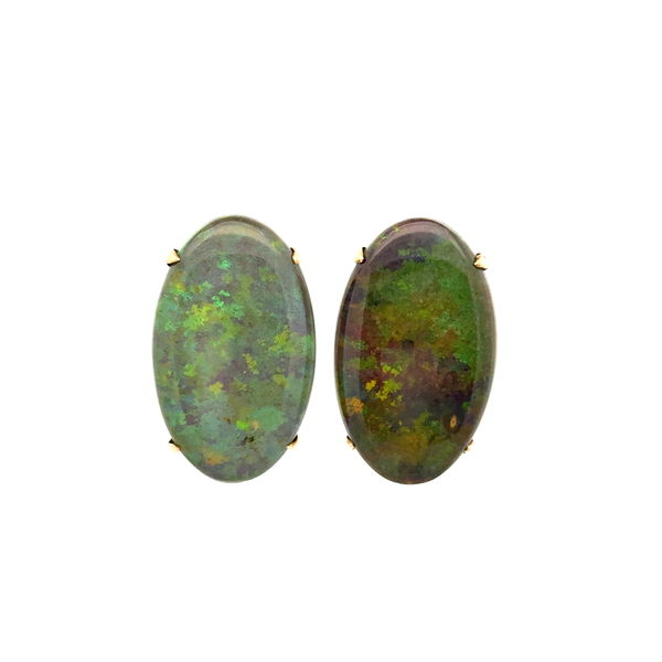 Closeup photo of 14K YG Opal Triplet Clip Earrings 7.7g