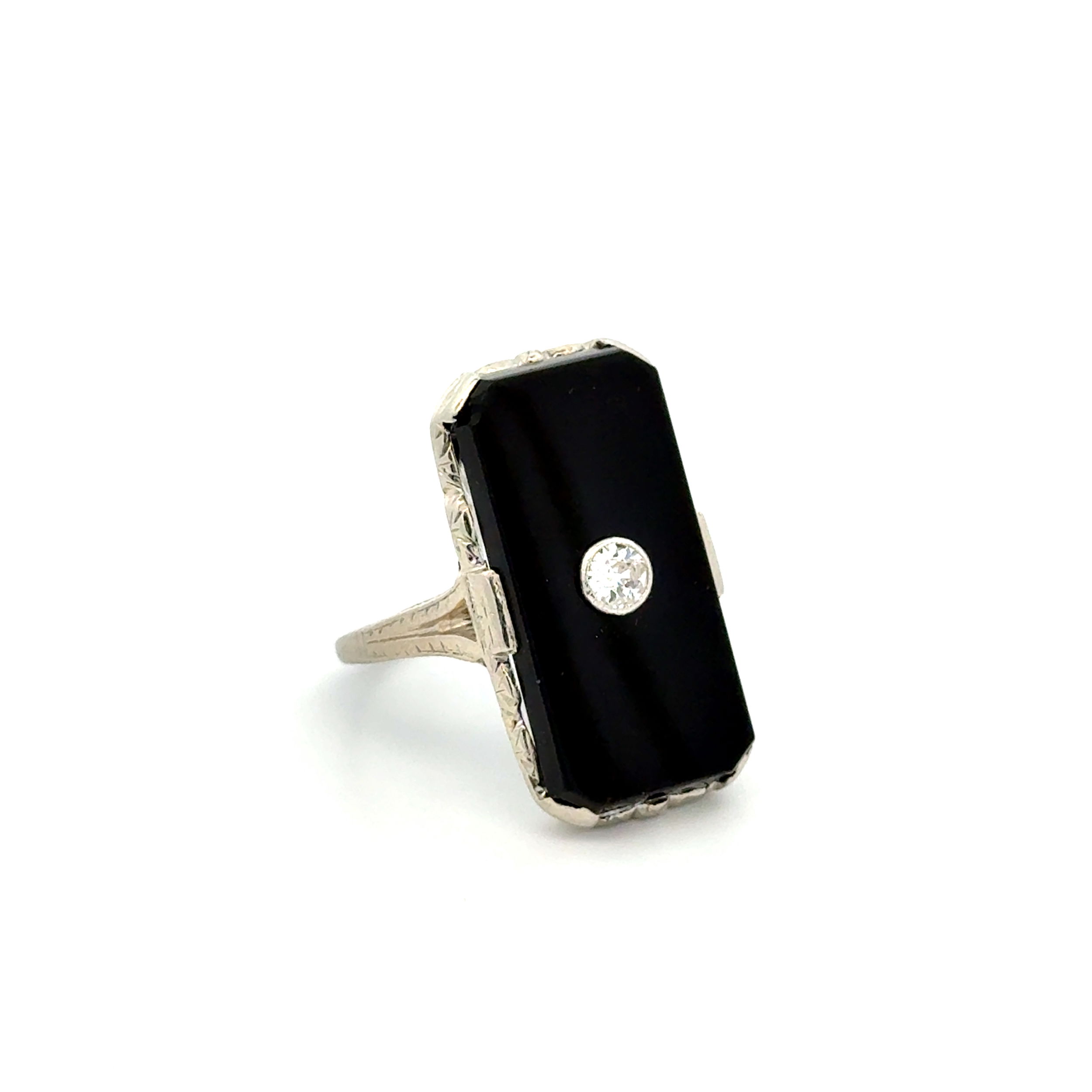 Platinum Art Deco Rectangular Onyx Slab & .12ct OEC Diamond Filigree Ring 4.3g, s5.25