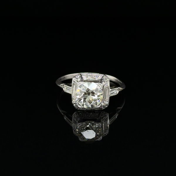 Closeup photo of Platinum Art Deco 2.00ct OEC Diamond & .08tcw Baguette & SC Diamond Milgrain Ring 3.8g, s9