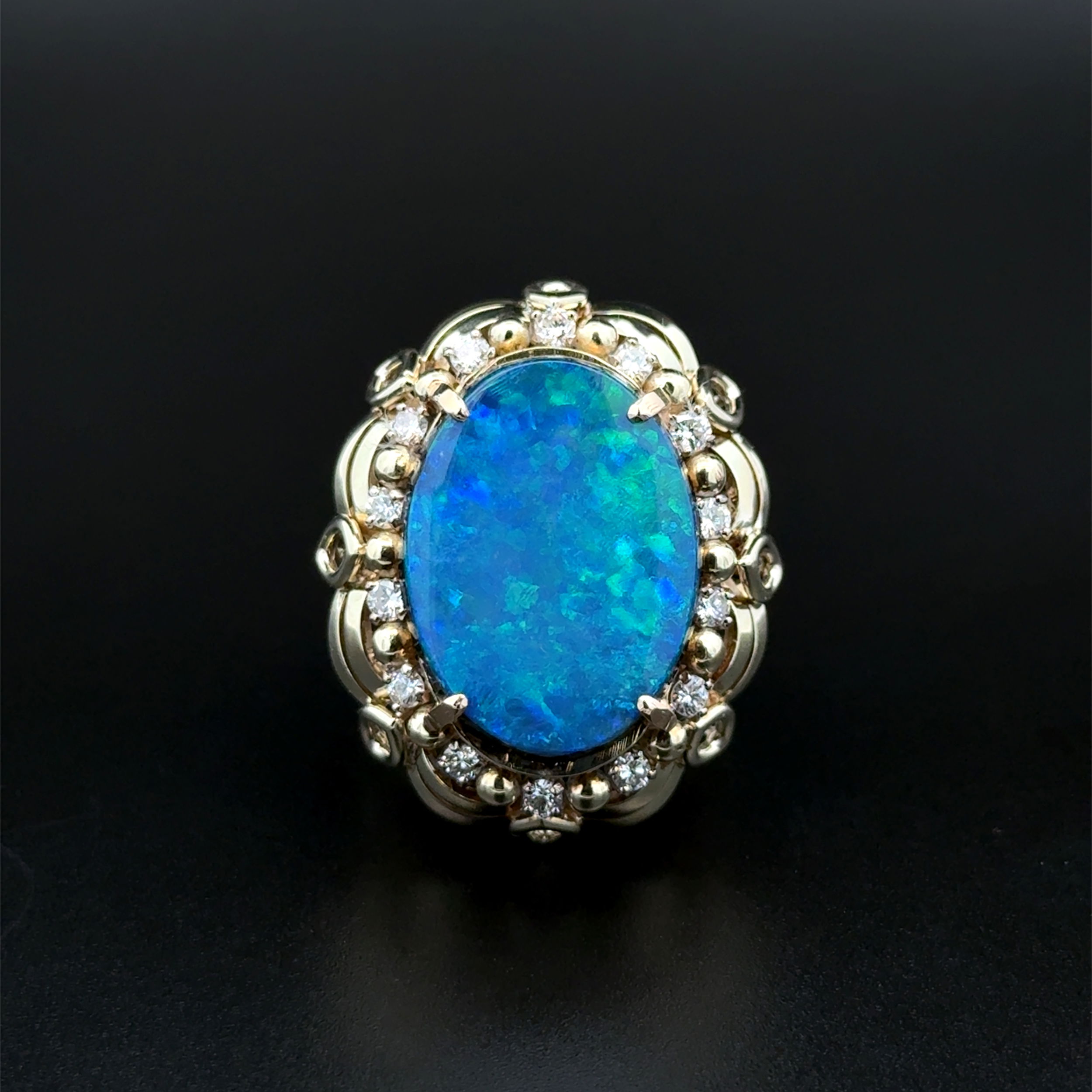 14K YG 1960's 7ct Oval Opal Doublet & .42tcw RBC Diamond Dome Ring 15.7g, 6.75 14K YG 1960's 7ct Oval Opal Doublet & .42tcw RBC Diamond Dome Ring 15.7g, 6.75
