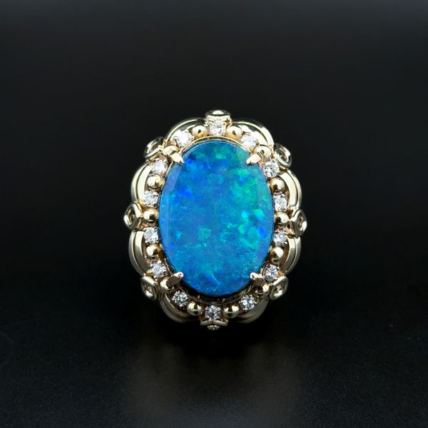 Closeup photo of 14K YG 1960's 7ct Oval Opal Doublet & .42tcw RBC Diamond Dome Ring 15.7g, 6.75