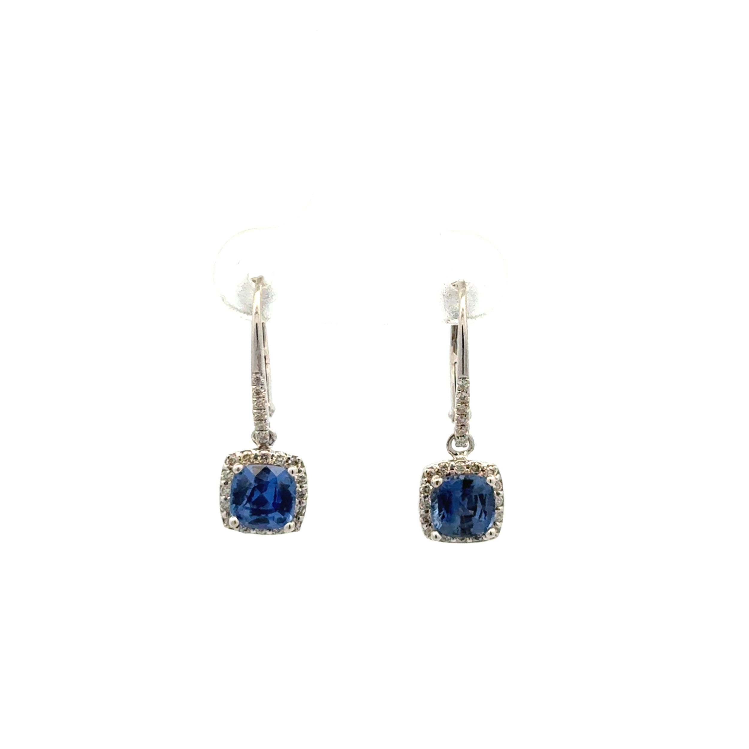 14K WG 1.99tcw Cushion Sapphire & .23tcw Diamond Drop Earrings 2.3g 14K WG 1.99tcw Cushion Sapphire & .23tcw Diamond Drop Earrings 2.3g
