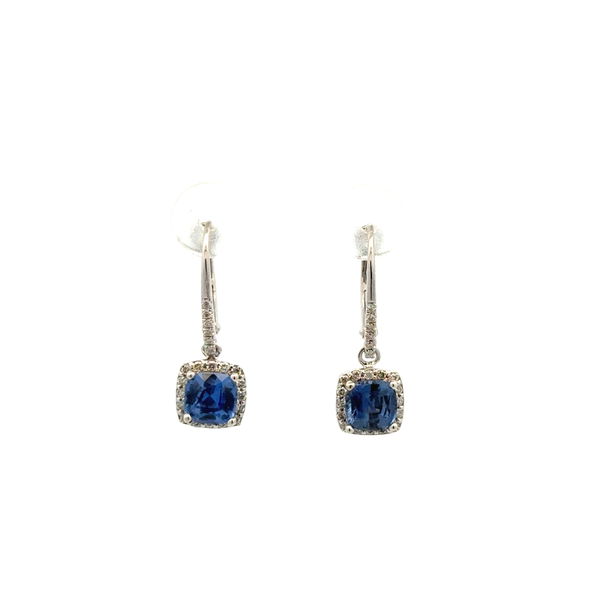 Closeup photo of 14K WG 1.99tcw Cushion Sapphire & .23tcw Diamond Drop Earrings 2.3g