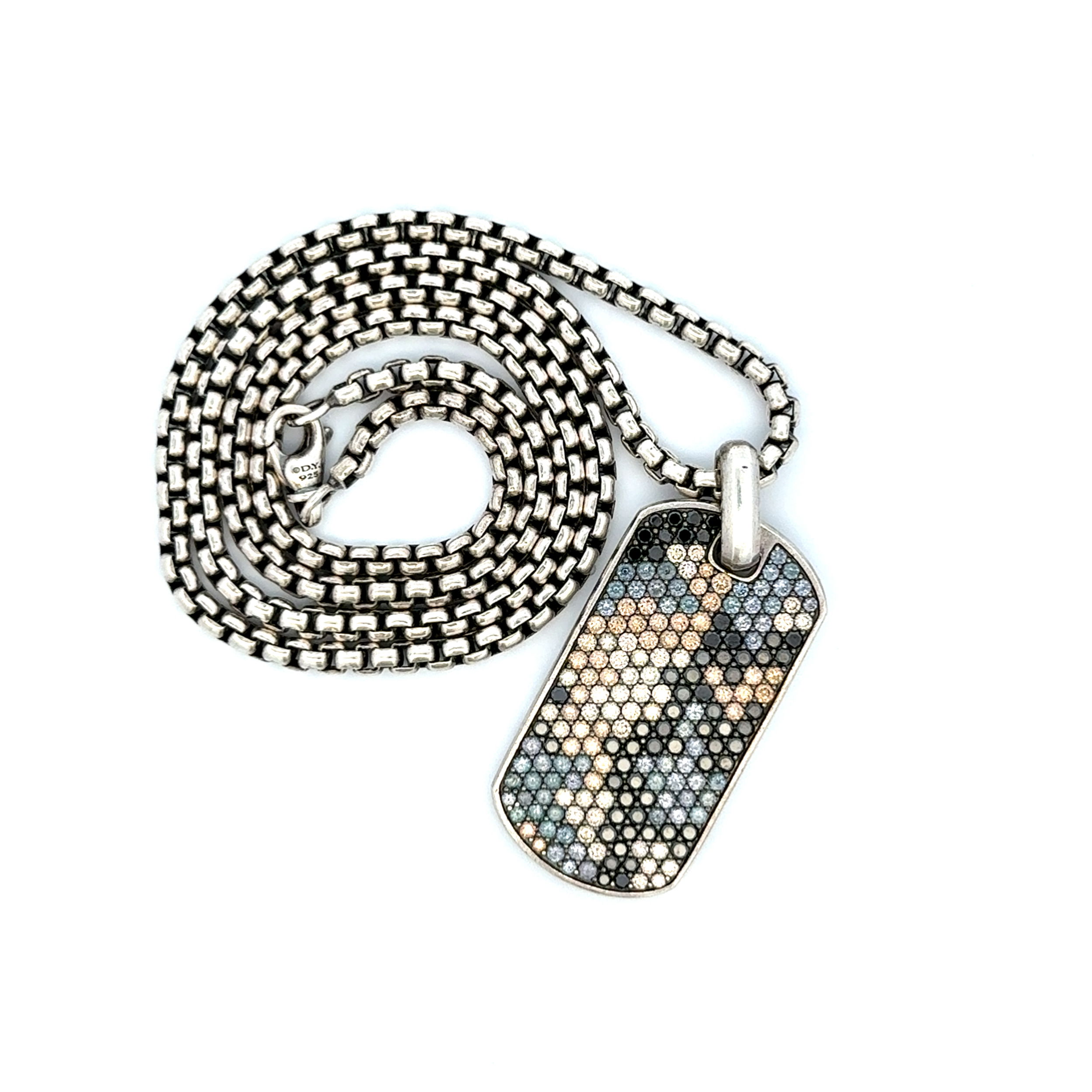 925 Sterling David Yurman Men's 42mm Tag Black Diamonds, Cognac Diamonds & Color Change Garnet 63.9g, 24" 925 Sterling David Yurman Men's 42mm Tag Black Diamonds, Cognac Diamonds & Color Change Garnet 63.9g, 24"