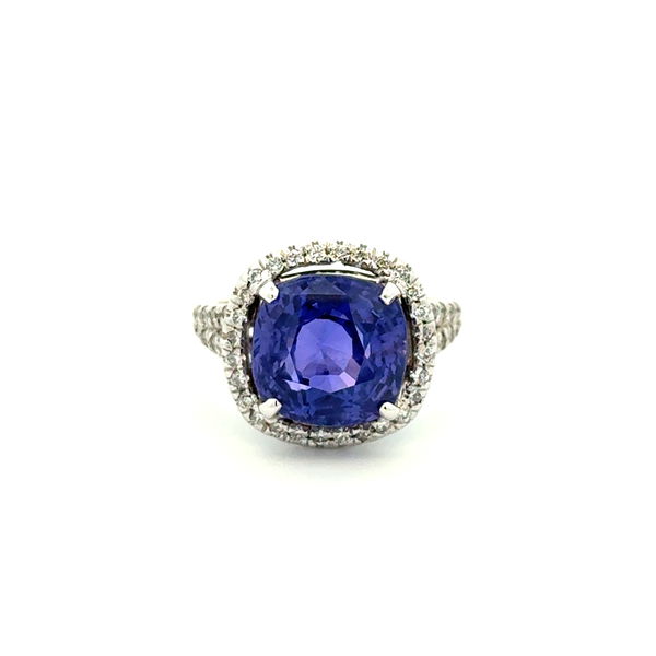 Closeup photo of 14K WG 8.45ct Cushion Purple NO HEAT Ceylon Sapphire GIA & .35tcw Diamond Ring 6.8g, s6