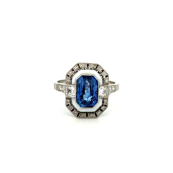 Closeup photo of Platinum 3.05ct Emerald Cut Sapphire, Enamel & .60tcw French Cut & OEC Diamond Ring 5.8g, s6.75