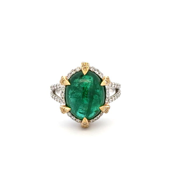 Closeup photo of 18K 2tone 9ct Cabochon Emerald & 1.45tcw White & Yellow Diamond Ring 11.0g, s7.25