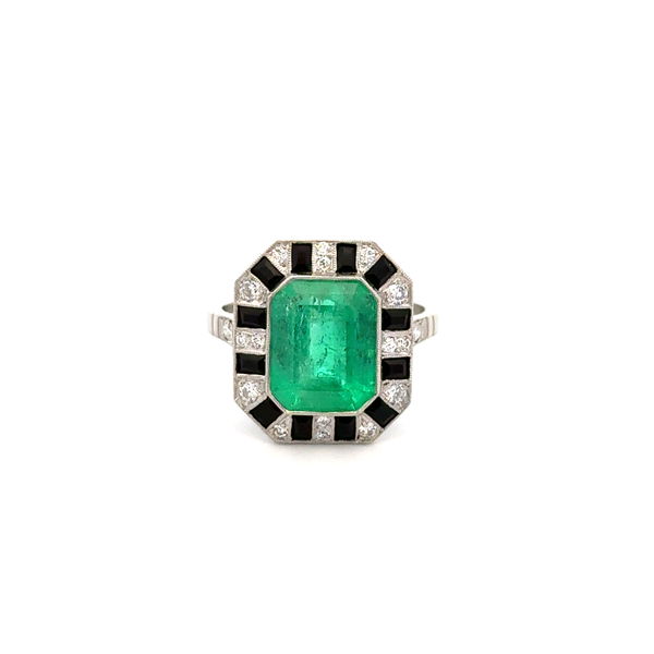 Closeup photo of Platinum 5ct Emerald Cut Emerald, Onyx & .36tcw OEC Diamond Ring 7.4g, s7