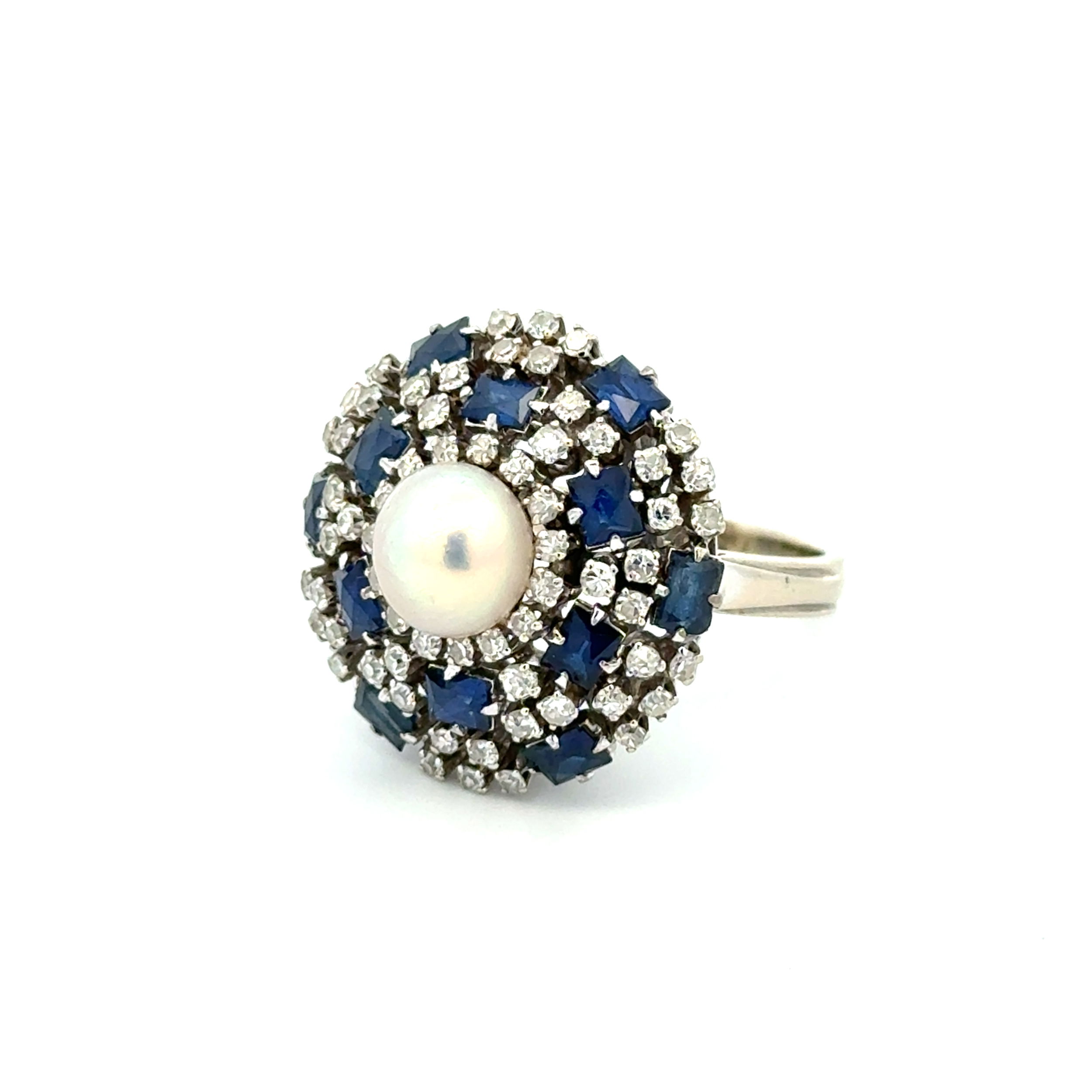18K WG Pearl, .75tcw Diamond & 1.80tcw Sapphire Dome Ring 10.0g, s7.25
