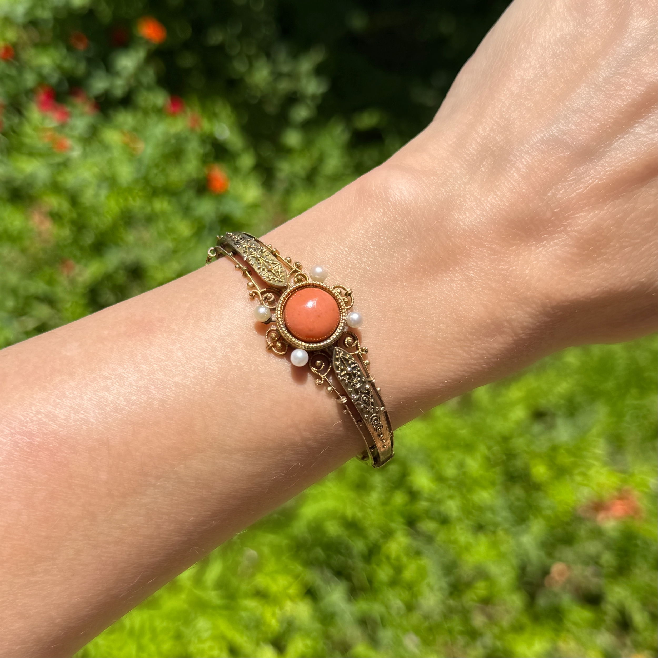 9K YG Victorian Coral, Pearl & Granulation Bangle Bracelet 16.4g 9K YG Victorian Coral, Pearl & Granulation Bangle Bracelet 16.4g