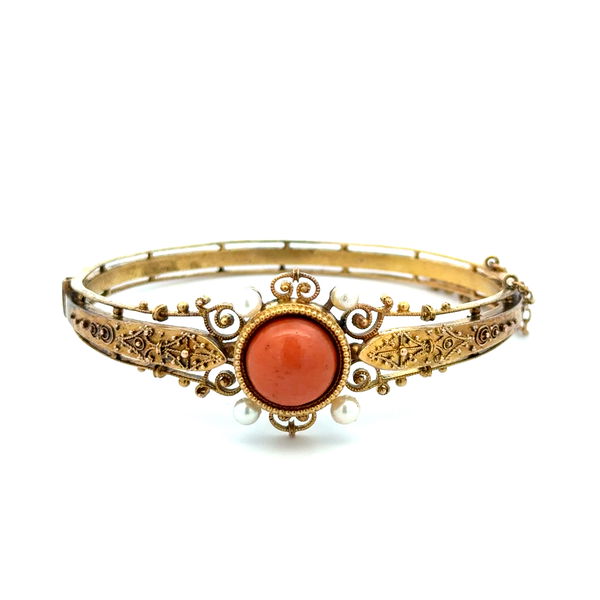 Closeup photo of 9K YG Victorian Coral, Pearl & Granulation Bangle Bracelet 16.4g