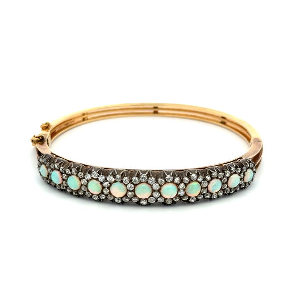 Closeup photo of 18K on Silver Victorian 3.00tcw Crystal Opal & 2.50tcw OEC Diamond Bangle Bracelet 15.6g