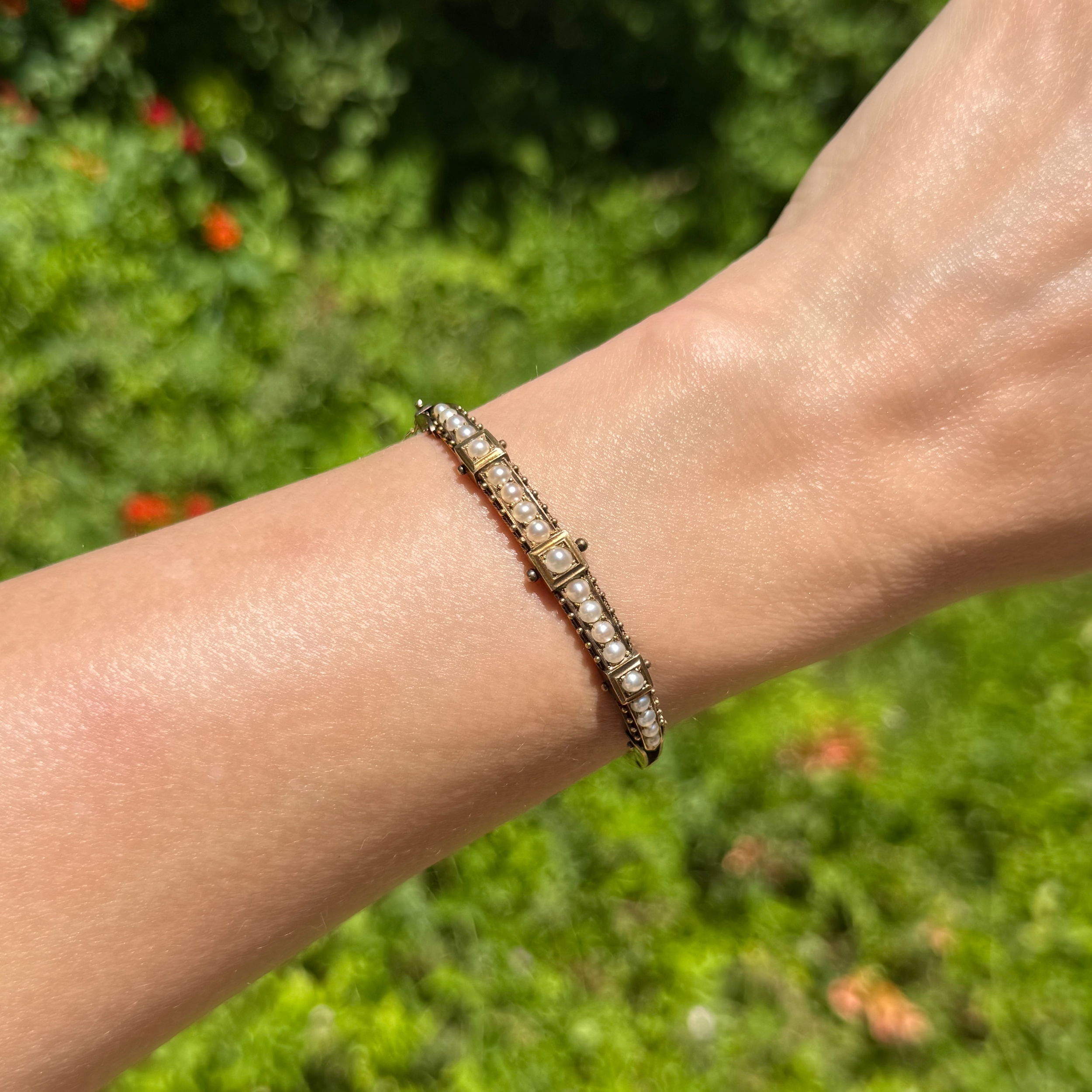 14K YG Victorian Pearl & Granulation Bangle Bracelet 13.7g 14K YG Victorian Pearl & Granulation Bangle Bracelet 13.7g