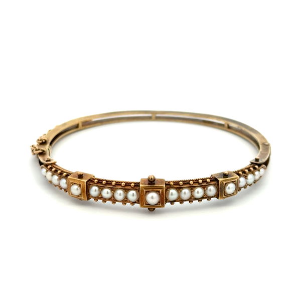 Closeup photo of 14K YG Victorian Pearl & Granulation Bangle Bracelet 13.7g