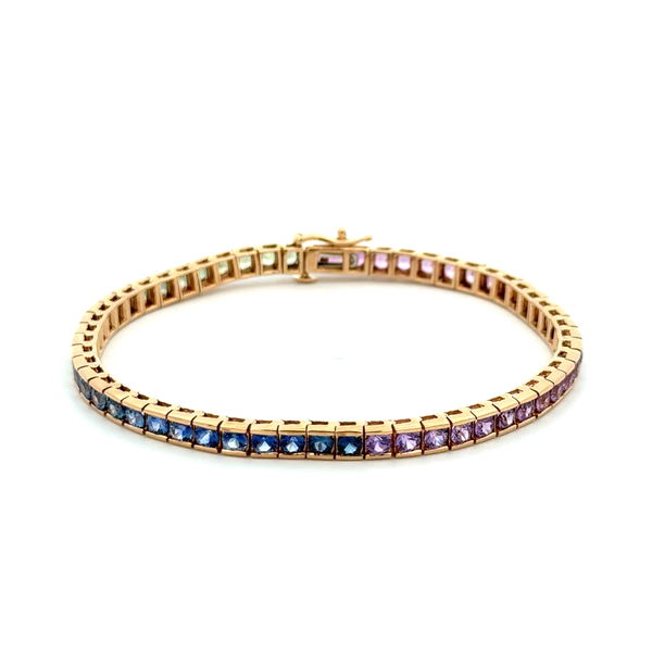 Closeup photo of 14K YG 6.75tcw Rainbow 56 Round Sapphire Bracelet 12.8g, 7"