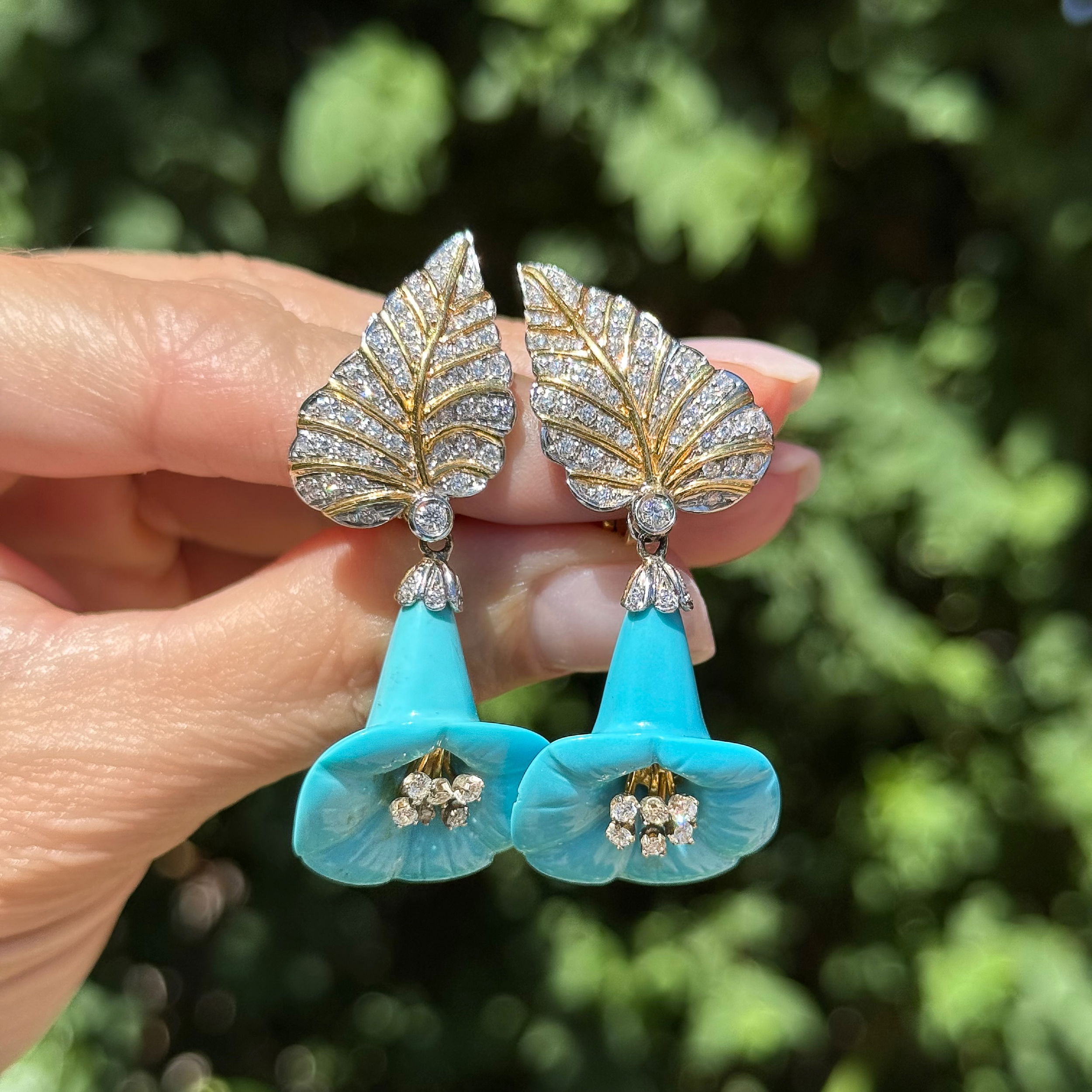 18K 2tone Carved Turquoise Flower & 2.25tcw RBC Diamond Drop Earrings 26.3g, 2.25" 18K 2tone Carved Turquoise Flower & 2.25tcw RBC Diamond Drop Earrings 26.3g, 2.25"