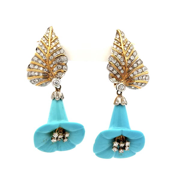 Closeup photo of 18K 2tone Carved Turquoise Flower & 2.25tcw RBC Diamond Drop Earrings 26.3g, 2.25"