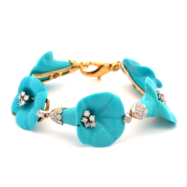 Closeup photo of 18K 2tone Carved Turquoise Flower & 1.00tcw RBC Diamond 5 Station Bracelet 38.8g,, 7.5":