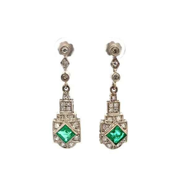Closeup photo of 15K WG Art Deco 2tcw Emerald & .64tcw Diamond Drop Earrings 6.3g, 1.5"