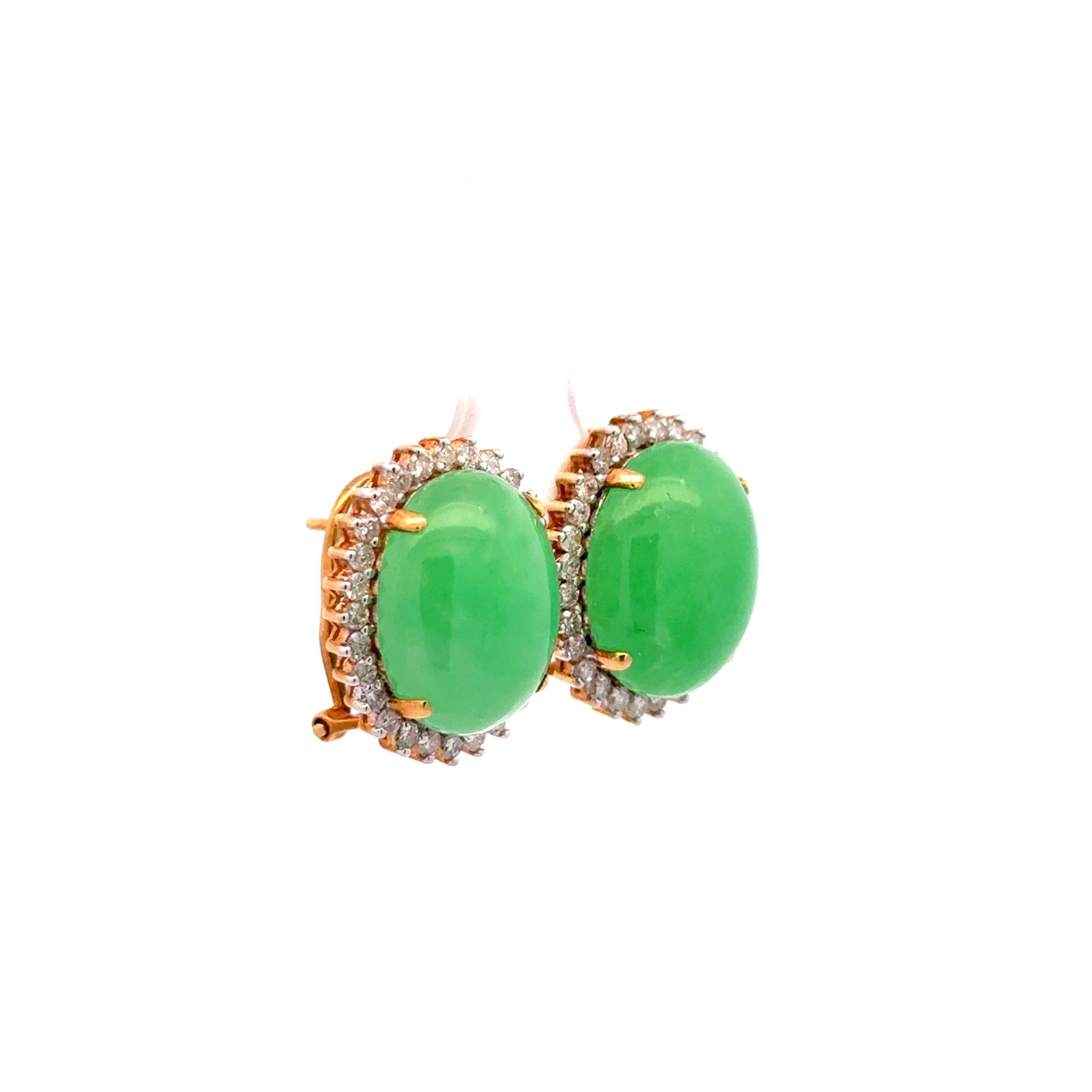 18K YG 12tcw Jadeite Jade & .80tcw RBC Diamond French Clip Earrings 10.3g