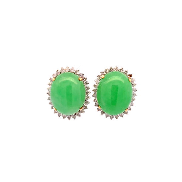 Closeup photo of 18K YG 12tcw Jadeite Jade & .80tcw RBC Diamond French Clip Earrings 10.3g