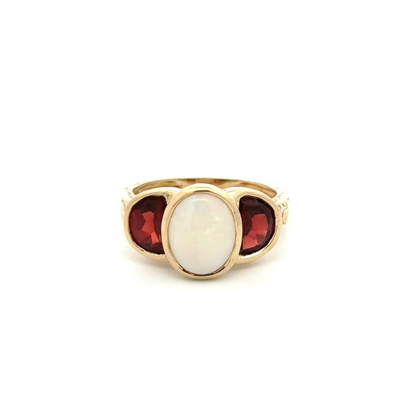 Closeup photo of 10K YG 1.50ct Opal & .80tcw Garnet 3 Stone Engraved Ring 3.7g, s7.25