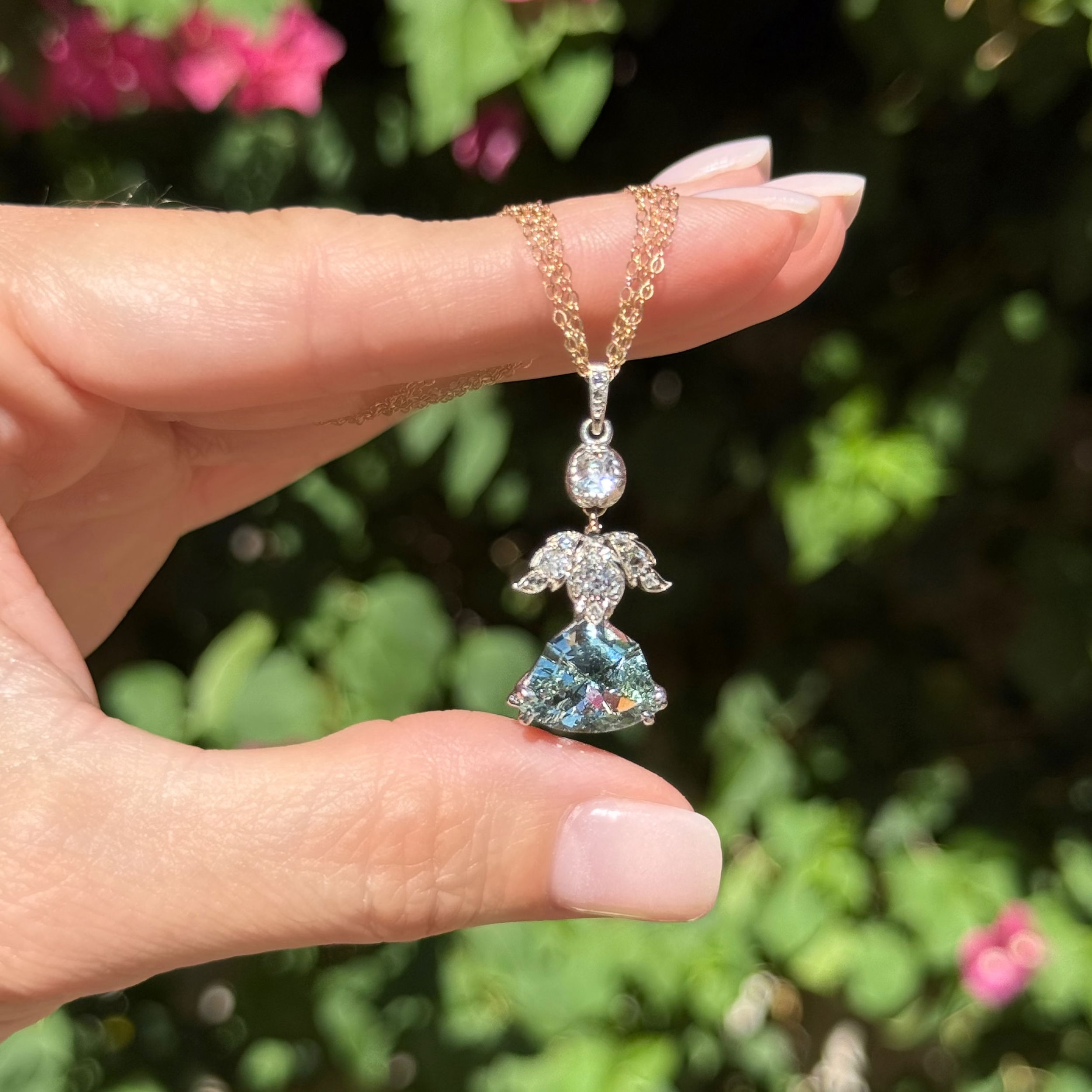 Silver on Gold Georgian 3ct Shield Aquamarine & .95tcw Old Mine Diamond Drop ANGEL Pendant 3 Strand Chain 5.1g, 18"