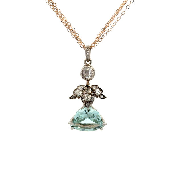 Closeup photo of Silver on Gold Georgian 3ct Shield Aquamarine & .95tcw Old Mine Diamond Drop ANGEL Pendant 3 Strand Chain 5.1g, 18"