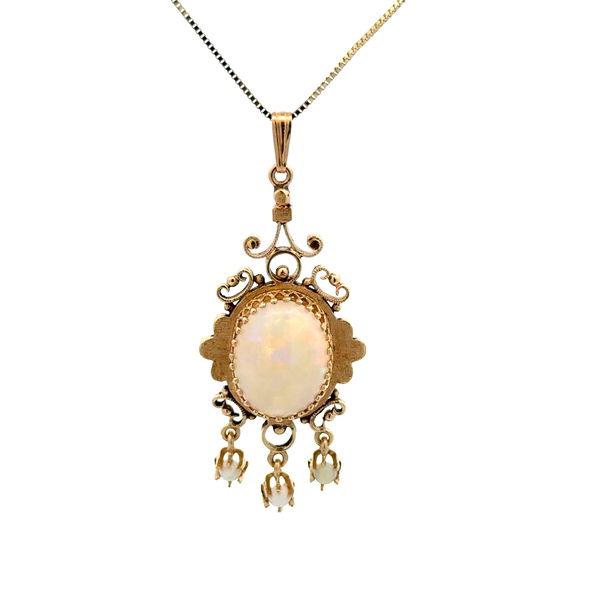 Closeup photo of 14K YG Victorian 4ct Australian Opal & .15tcw Opal Drop Necklace 7.6g, 18"