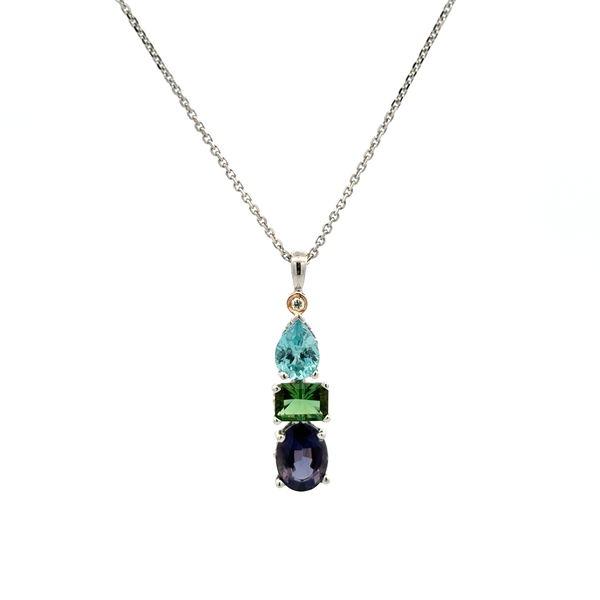 Closeup photo of 14K WG .92ct Pear Zircon, .62ct Green Tourmaline & 1.26ct Oval Iolite & .01ct Diamond Pendant 3.8g, on 925 Adjustable Chain 20"