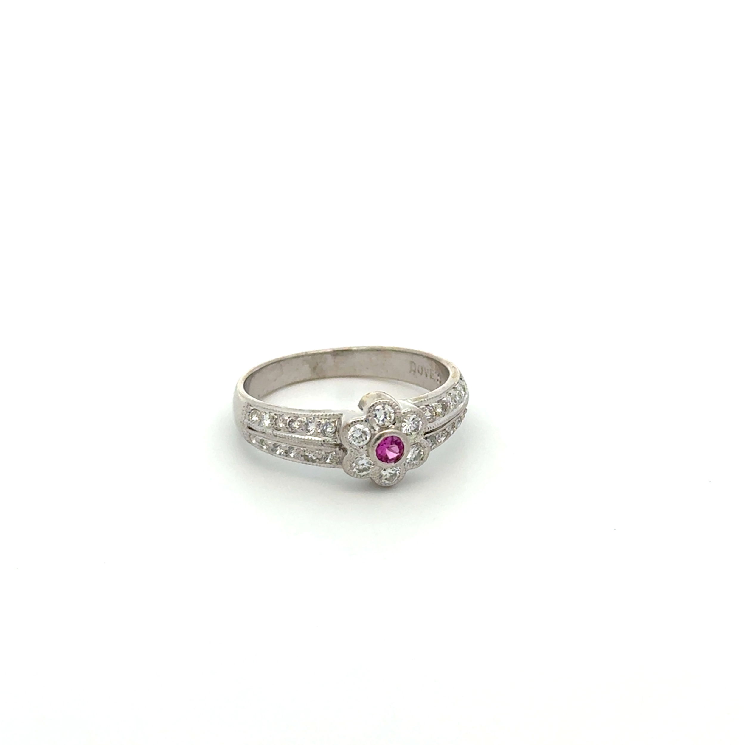 18K WG .08ct Hot Pink Sapphire & .30tcw RBC Diamond Flower Design Ring 3.7g, s6.75 18K WG .08ct Hot Pink Sapphire & .30tcw RBC Diamond Flower Design Ring 3.7g, s6.75
