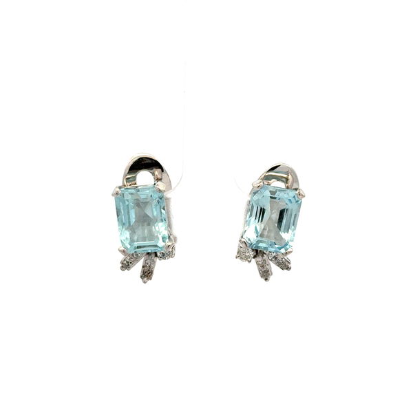Closeup photo of Silver, Palladium, Gold Mid Century 8tcw Cushion Aquamarine & .16tcw Diamond Earrings 5.9g