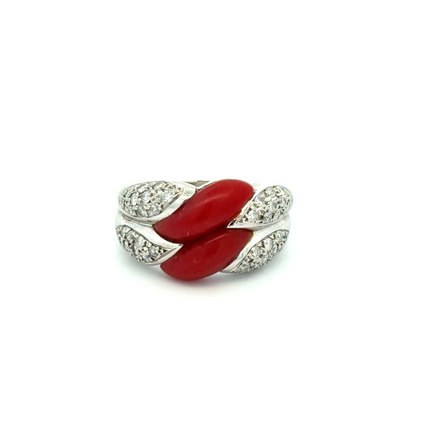 Closeup photo of Platinum Modern 2.5tcw Coral & .66tcw RBC Diamond Band Ring 12.6g, s8.5