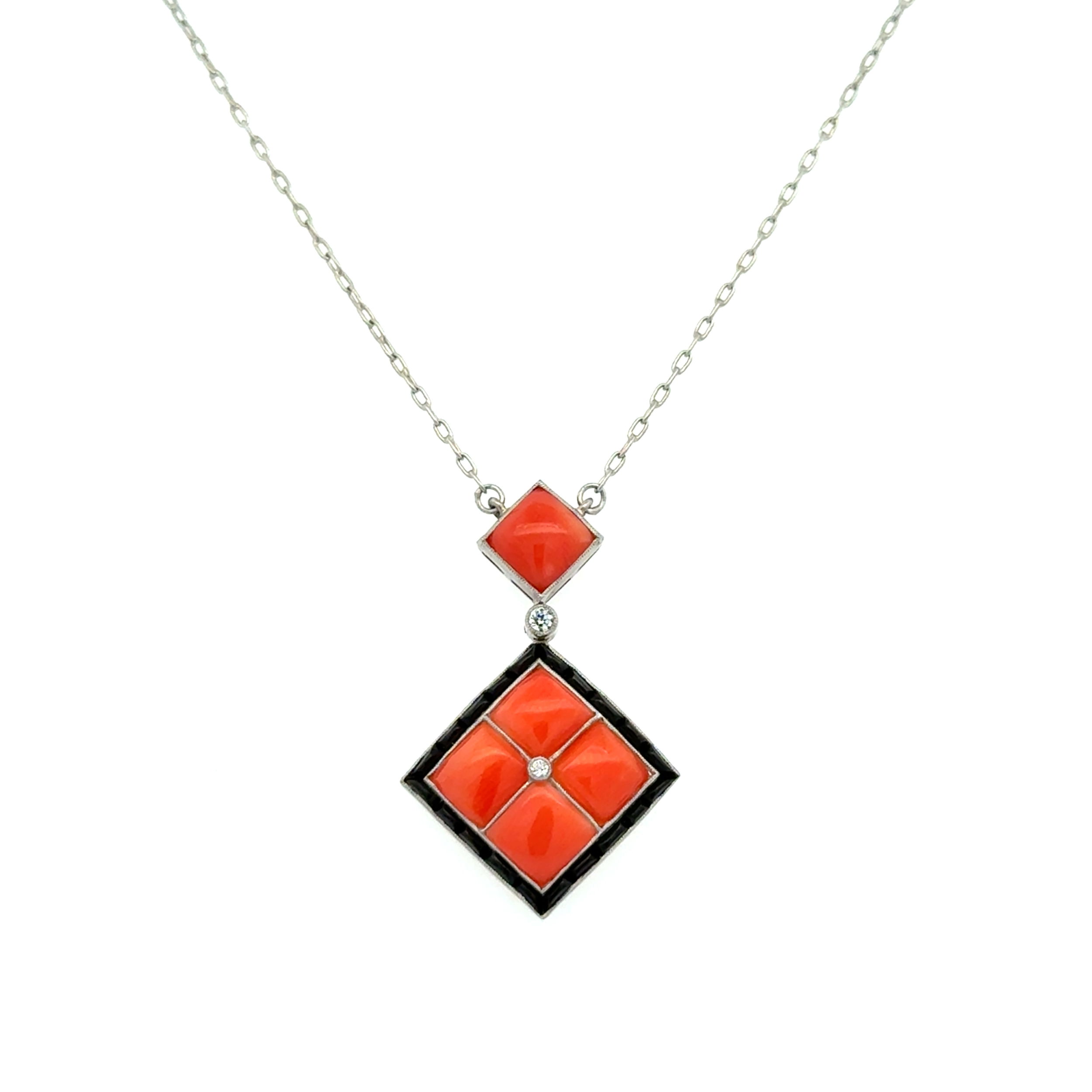 Platinum 2tcw Coral, Onyx & .03tcw Diamond Mosaic Pendant Necklace 5.0g, 18" Platinum 2tcw Coral, Onyx & .03tcw Diamond Mosaic Pendant Necklace 5.0g, 18"